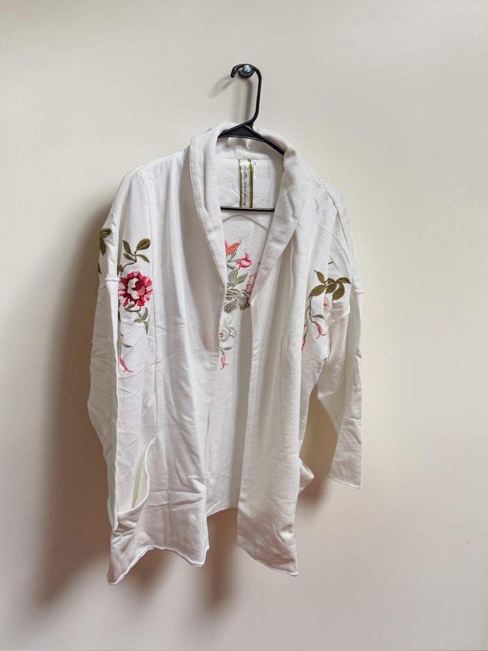 Aratta White Open-Front Shacket with Pink & Green Floral Embroidery NWT